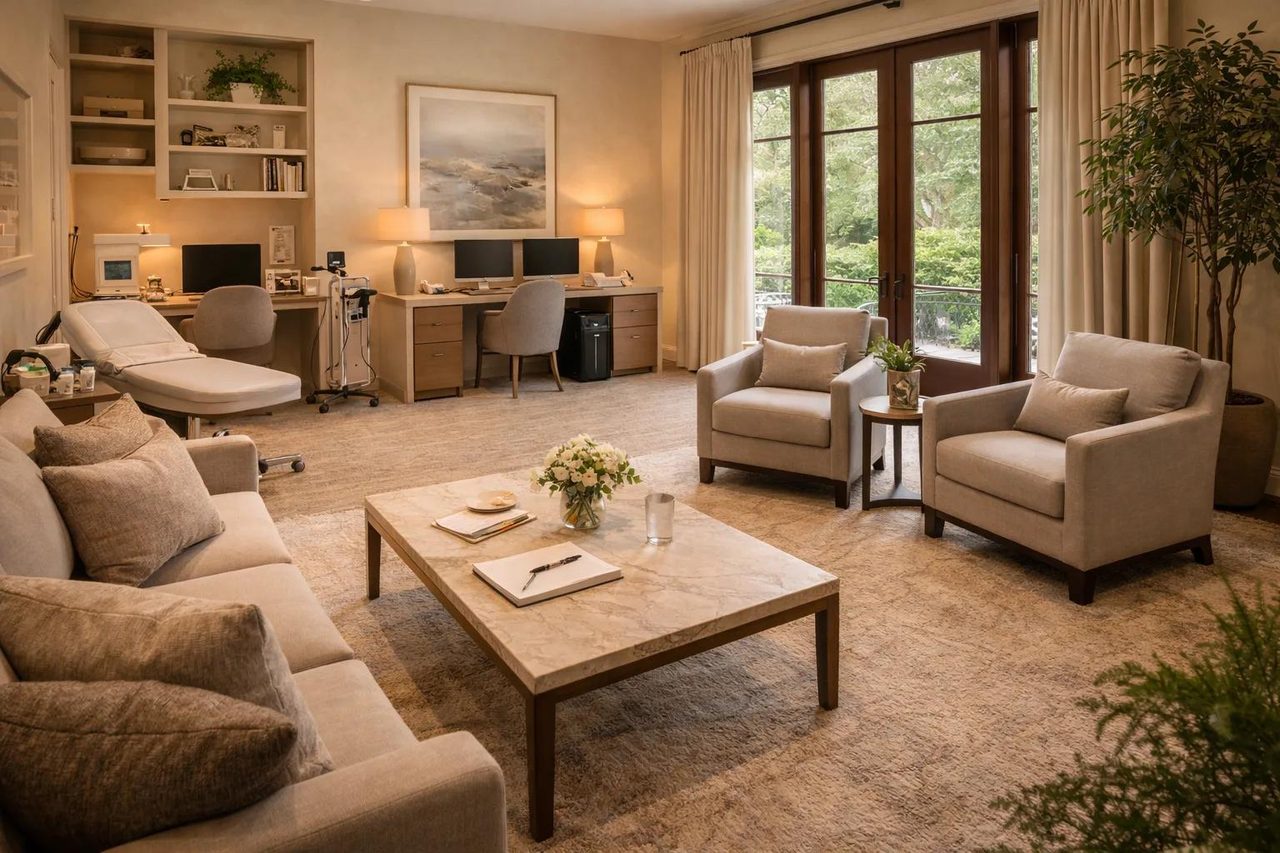A calm residential living space at Aeterna Health with soft daylight